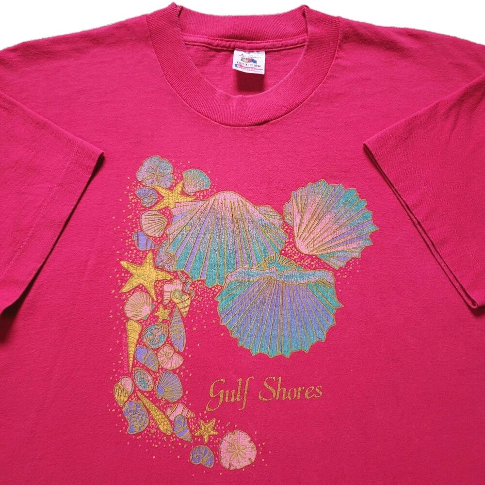 Vintage 90's Gulf Shores Seashells Large Single Stitch USA Made Mens Pink Shirt